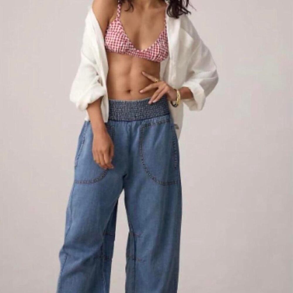 Pilcro Reese Smocked Pull on Barrel Pants linen and viscose